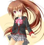  bow brown_hair little_busters! long_hair natsume_rin pink_bow plaid plaid_skirt ponytail red_eyes roino school_uniform skirt 