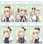  1girl :d alternate_hair_length alternate_hairstyle black_bow blonde_hair bow bowtie criis-chan danganronpa green_eyes hair_bow hand_on_own_cheek high_ponytail long_hair looking_at_viewer open_mouth print_bow red_bow red_neckwear shirt short_hair short_sleeves side_ponytail smile sonia_nevermind sparkling_eyes super_danganronpa_2 tied_hair twintails upper_body very_long_hair watermark web_address white_shirt 