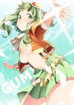  :d breasts character_name goggles goggles_on_head green_eyes green_hair grin gumi large_breasts megpoid_(vocaloid3) navel open_mouth outstretched_arms short_hair short_hair_with_long_locks sidelocks skirt smile solo u35 underboob vocaloid 