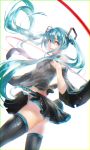  1girl aqua_eyes aqua_hair ass baraba_baba bare_shoulders detached_sleeves dutch_angle from_below hair_between_eyes hatsune_miku highres long_hair looking_back necktie skirt solo tattoo thighhighs thighs twintails vocaloid wide_sleeves 