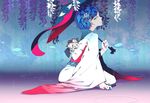  aloin.g alternate_costume bad_id bad_pixiv_id blue_hair flower hair_ornament japanese_clothes karakasa_obake kimono long_sleeves nail_polish obi rain sash sitting solo tatara_kogasa touhou umbrella wisteria 