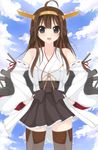 ahoge bad_id bad_nicoseiga_id bare_shoulders blue_sky brown_hair chimunge cloud day detached_sleeves frilled_skirt frills grey_eyes hairband hands_on_hips heart highres kantai_collection kongou_(kantai_collection) locked_arms long_hair nontraditional_miko open_mouth ribbon-trimmed_sleeves ribbon_trim skirt sky smile solo star wide_sleeves 