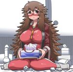  :&lt; blush breasts brown_eyes brown_hair commentary_request dildo glasses haori jacket japanese_clothes large_breasts long_hair matsuda_yuusuke messy_hair pillow red-framed_eyewear semi-rimless_eyewear sick sitting socks sweat tears tissue_box track_jacket track_suit under-rim_eyewear used_tissue wariza yonezawa_natsumi yuusha_to_maou 