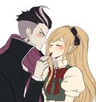  1boy 1girl bangs black_bow black_hair black_jacket blonde_hair blush bow bowtie couple criis-chan danganronpa earrings eyebrows_visible_through_hair eyes_closed hair_bow highlights jacket jewelry long_hair multicolored_hair open_clothes open_jacket ponytail print_bow purple_scarf red_bow red_eyes red_lipstick_tube red_neckwear scarf shirt short_sleeves simple_background sonia_nevermind super_danganronpa_2 sweatdrop swept_bangs tanaka_gandamu upper_body very_long_hair white_background white_shirt 