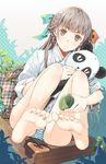  bad_id bad_pixiv_id barefoot brown_eyes brown_hair feet hair_ribbon highres original panda panties pvmivs ribbon sitting smile soles solo striped striped_panties stuffed_animal stuffed_toy teddy_bear toes underwear 