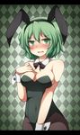  animal_ears argyle argyle_background bare_shoulders blush bow bowtie breast_suppress breasts bunny_ears bunny_girl bunnysuit cleavage creta_(taku10) detached_collar embarrassed green_eyes green_hair large_breasts looking_at_viewer open_mouth pantyhose short_hair smile soga_no_tojiko solo touhou wrist_cuffs 