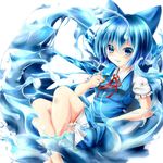  akaikonomi bad_id bad_pixiv_id blue_eyes blue_hair bow cirno crossed_legs dress eating food grin hair_bow ice ice_wings looking_at_viewer lying popsicle puffy_short_sleeves puffy_sleeves reclining ribbon short_hair short_sleeves simple_background smile solo touhou water white_background wings 