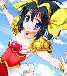  angel_peach angel_peach_(cosplay) black_hair blue_eyes brooch chiru choker cosplay dutch_angle facial_tattoo heart jewelry kunihiro_hajime magical_girl outstretched_arms ponytail saki short_hair skirt smile solo spread_arms star_tattoo tattoo tiara wedding_peach wrist_cuffs 