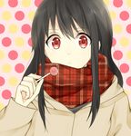  1girl black_hair candy kisaki_(kisaki2210) kyoukai_no_kanata lollipop long_hair looking_at_viewer nase_mitsuki red_eyes scarf solo unmoving_pattern winter_clothes 