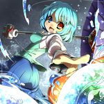  blue_eyes blue_hair breasts heterochromia karakasa_obake medium_breasts open_mouth pointing purple_umbrella red_eyes short_hair skirt smile solo tatara_kogasa tongue touhou umbrella umigarasu_(kitsune1963) 