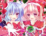  bat_wings blonde_hair blue_hair blush bow capelet dress fang flandre_scarlet hair_bow hat looking_at_viewer multiple_girls one_eye_closed open_mouth pink_eyes red_dress remilia_scarlet rikatan santa_costume santa_hat siblings side_ponytail sisters smile touhou white_background white_dress wings 