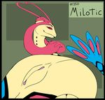  abstract_background backlash91 female feral looking_at_viewer milotic nintendo plain_background pok&#233;mon pok&eacute;mon pussy red_eyes reptile scalie smile snake solo text video_games 