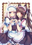  2girls ;d animal_ears apron bangs black_legwear black_skirt blue_eyes blunt_bangs blush bow brown_eyes brown_hair cat_ears chocola_(sayori) corset cowboy_shot criis-chan eyebrows_visible_through_hair fang floating_hair frilled_apron frills hair_bow hair_ribbon heart heart_hands heart_hands_duo layered_skirt long_hair looking_at_viewer maid multiple_girls nekopara one_eye_closed open_mouth parted_lips pink_bow ribbon short_sleeves silver_hair skirt slit_pupils smile standing thighhighs twintails vanilla_(sayori) very_long_hair waist_apron white_apron white_ribbon 