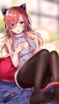  1girl aran_sweater bangs black_legwear blue_eyes blurry blurry_background blush breasts brown_hair cat_cutout cat_ear_headphones cat_tail cellphone cleavage cleavage_cutout embarrassed eyebrows_visible_through_hair go-toubun_no_hanayome hair_between_eyes headphones highres large_breasts light_particles long_hair looking_at_viewer nakano_miku no_shoes open_mouth pantyhose paw_pose phone ribbed_sweater sitting smartphone solo sweater tail thighband_pantyhose turtleneck turtleneck_sweater usagihime 