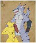  anthro anubis_kruger_(artist) balls belt biceps big_muscles big_penis black_claws black_nose body_markings canine claws cum digimon dog_tags erection eyes_closed fangs fellatio fur gay gloves grey_fur gripping holding humanoid_penis kneeling leaking licking male mammal markings muscles necklace nipples nude open_mouth oral oral_sex pecs penis pink_claws precum presenting purple_fur sex sheath standing stripes teeth thick_penis toned tongue tongue_out vein were weregarurumon werewolf wolf yellow_eyes yellow_fur 