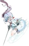  amiami blue_eyes commentary_request dress highres holding holding_sword holding_weapon long_hair myrtenaster ponytail rapier rwby scar solo sword two-handed weapon weiss_schnee white_hair 