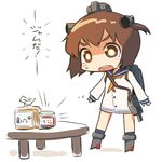  bangs blush bread brown_eyes brown_hair chibi dress food hair_ornament jam kantai_collection long_sleeves open_mouth sailor_dress short_hair standing table translated ugif white_background yukikaze_(kantai_collection) 