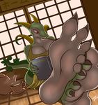  barefoot book breasts claws cleavage clothed clothing dress drink female foot_focus japanese_text leaves nintendo pok&#233;mon pok&eacute;mon red_eyes reptile scalie serperior snake soles tea text toes video_games wooden zp92 