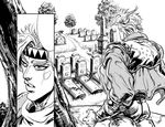  bad_id bad_pixiv_id caesar_anthonio_zeppeli gabriel_(dadaist) graveyard greyscale headband jojo_no_kimyou_na_bouken monochrome tombstone 