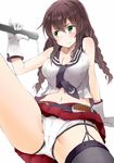  bad_id bad_pixiv_id banned_artist blue_eyes blush braid breasts brown_hair dripping gloves kantai_collection kitsuneko_azarashi medium_breasts midriff noshiro_(kantai_collection) panties pleated_skirt sexually_suggestive single_thighhigh skirt smile spread_legs thighhighs underwear white_gloves 