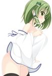  bare_shoulders black_legwear blush chimunge detached_sleeves frog_hair_ornament green_eyes green_hair hair_ornament hair_tubes highres kochiya_sanae looking_at_viewer mouth_hold no_panties open_mouth snake_hair_ornament solo thighhighs touhou towel wide_sleeves 