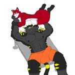  anthro back balls bench biceps big_muscles black_fur black_nipples black_nose blue_eyes blush body_markings bodybuilder bodybuilding bulge canine clothing couple digimon erection fangs fredrik_(character) fur gay green_eyes green_hair grey_fur grin gripping hair holding humanoid_penis huttsergreywolf lying male mammal markings muscles nipples nude on_back pecs penis plain_background pose red_fur scar shorts smile spread_legs spreading stripes tattoo teeth toned topless were weregarurumon werewolf white_background white_fur wolf yellow_fur 
