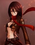  abs belt black_hair bra brown_eyes emblem highres jacket midriff mikasa_ackerman navel paradis_military_uniform sashimi_(adam026) scarf shingeki_no_kyojin solo standing survey_corps_(emblem) underwear 