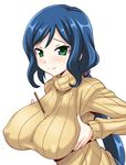  bangs between_breasts blue_hair blush breast_lift breasts covered_nipples food from_side green_eyes gundam gundam_build_fighters iori_rinko konno_tohiro large_breasts light_smile long_hair long_sleeves looking_at_viewer low_ponytail mature pocky ponytail raised_eyebrows ribbed_sweater scrunchie simple_background smile solo sweater swept_bangs taut_clothes turtleneck upper_body very_long_hair white_background 