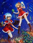  alternate_costume artist_name bat_wings blonde_hair blue_hair boots box capelet christmas christmas_tree dutch_angle fang flandre_scarlet flying from_below fur_trim gift gift_box gloves kirisame_marisa knee_boots leg_up looking_at_viewer multiple_girls night oil_painting_(medium) open_mouth red_eyes remilia_scarlet santa_costume short_hair side_ponytail sleigh tafuto thighhighs touhou traditional_media wand wings 