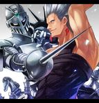  armor blue_eyes earrings grey_hair ishiima_shiro jean_pierre_polnareff jewelry jojo_no_kimyou_na_bouken multiple_boys rapier silver_chariot stand_(jojo) stardust_crusaders sword weapon 