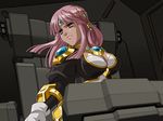  1girl ariel_org banpresto breasts cleavage dark_skin gloves hair_ornament jewelry long_hair lots_of_jewelry pink_hair purple_eyes purple_hair real_robot_regiment stare staring super_robot_wars 