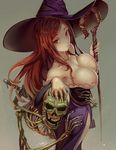  artist_name bare_shoulders breasts brown_eyes brown_hair cleavage detached_sleeves dragon's_crown dress hat large_breasts long_hair signature simple_background skeleton solo sorceress_(dragon's_crown) staff strapless strapless_dress walzrj witch_hat 