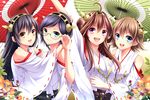  aqua_eyes black_hair blue_eyes brown_hair glasses haruna_(kancolle) hiei_(kancolle) japanese_clothes kantai_collection kirishima_(kancolle) kongou_(kancolle) miko petals purple_eyes ringo_ame umbrella yellow_eyes 