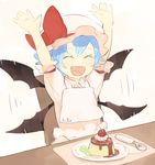  :d arms_up bat_wings bib blue_hair chair dress fangs flapping food fruit happy hat hat_ribbon mob_cap open_mouth pink_dress plate pudding remilia_scarlet ribbon shihou_(g-o-s) short_sleeves sitting smile solo spoon strawberry touhou wings 