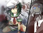  blue_eyes cannon check_commentary commentary_request gaoo_(frpjx283) glowing glowing_eyes green_eyes green_hair grey_hair hat highres kantai_collection kiso_(kantai_collection) multiple_girls navel neckerchief shinkaisei-kan short_hair skirt wo-class_aircraft_carrier wrist_cuffs 