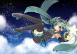  black_legwear blush boots detached_sleeves green_eyes green_hair hatsune_miku headphones headset ichinose_natsuki long_hair looking_at_viewer necktie night pleated_skirt skirt sky smile solo star star_(sky) thigh_boots thighhighs twintails very_long_hair vocaloid wide_sleeves 