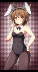  animal_ears bare_shoulders blush bow bowtie breasts brown_hair bunny_ears bunny_girl bunnysuit cleavage creta_(taku10) detached_collar earmuffs hand_on_hip highres looking_at_viewer medium_breasts pantyhose short_hair smile solo touhou toyosatomimi_no_miko wrist_cuffs 