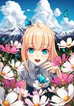 :d bangs belt blonde_hair blue_eyes blunt_bangs blush bug butterfly cloud day flower highres insect long_hair looking_at_viewer mountain open_mouth original phantania river scenery shirt short_sleeves sky smile solo 
