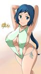  absurdres arms_behind_head bikini blue_eyes blue_hair blush breasts cleavage covered_nipples curvy gundam gundam_build_fighters highres iori_rinko large_breasts logo long_hair looking_at_viewer mature md5_mismatch navel nipples ponytail slingshot_swimsuit smile solo swimsuit thick_thighs thighs tonotyama wide_hips 