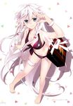  absurdres bag barefoot bikini blue_eyes bow bracelet braid hatsuko highres ia_(vocaloid) jewelry long_hair shoulder_bag smile solo swimsuit thigh_strap twin_braids very_long_hair vocaloid white_hair 