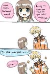  1girl 3koma :o ^_^ age_difference blonde_hair blue_eyes blush_stickers brother_and_sister brown_hair closed_eyes comic english height_difference horizontal_stripes karen_mccormick kenny_mccormick missing_tooth open_mouth right-to-left_comic siblings simple_background smile south_park sparkle striped white_background |_| 
