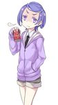  annoyed dokidoki!_precure dr_pepper hair_ornament hairclip hand_in_pocket hood hoodie kenzaki_makoto miyao_ryuu necktie precure purple_hair purple_ribbon ribbon shaded_face short_hair shorts sigh simple_background solo white_background 