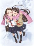  ^_^ bag brown_eyes brown_hair closed_eyes kneehighs loafers long_hair looking_at_viewer luna2 multiple_girls original pink_scarf pleated_skirt scarf school_bag school_uniform serafuku shared_scarf shoes skirt snow twintails 