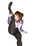  black_legwear blazer bottomless breasts brown_hair covered_nipples crotch_seam feet jacket leg_lift legs licking looking_at_viewer medium_breasts no_panties original pantyhose red_eyes school_uniform simple_background soles tongue twintails uraharukon 