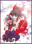  bad_id bad_pixiv_id bare_shoulders blue_hair blush bow brown_hair closed_eyes detached_sleeves embarrassed fang hair_bow hakurei_reimu highres leaf maple_leaf multicolored_hair multiple_girls oshino_hazure ponytail red_eyes silver_hair tokiko_(touhou) touhou two-tone_hair wavy_mouth 