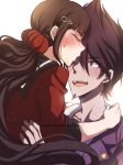  1boy 1girl ;d beard black_sailor_collar blazer brown_hair criis-chan danganronpa dust_particles eyes_closed facial_hair floating_hair forehead_kiss hair_ornament harukawa_maki jacket kiss long_hair momota_kaito new_danganronpa_v3 one_eye_closed open_mouth purple_hair purple_jacket red_shirt sailor_collar shirt simple_background smile spiked_hair sweatdrop twintails very_long_hair watermark web_address white_background 