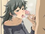  1boy 1girl blush breasts censored chidori_kou cum erection fellatio grey_eyes grey_hair large_breasts male_pubic_hair nail_polish nude open_mouth oral penis pink_nails precum pubic_hair smegma standing teeth testicles tongue tongue_out 