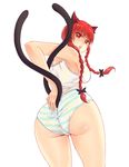  animal_ears armpits ass bad_id bad_pixiv_id bare_arms bare_shoulders braid breasts cat_ears cat_tail kaenbyou_rin large_breasts long_hair looking_at_viewer looking_back multiple_tails nekomata no_pants open_mouth panties red_eyes red_hair simple_background solo striped striped_panties tail touhou twin_braids undershirt underwear underwear_only white_background x&amp;x&amp;x 