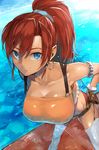  bellows_(suisei_no_gargantia) blue_eyes breasts large_breasts looking_at_viewer ponytail red_hair shiny shiny_clothes shiny_skin shrimpman sky smile solo strap suisei_no_gargantia tank_top 