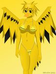  amber_eyes anthro anthrofied beak big_breasts bikini bra breasts brown_eyes clothed clothing devon_(artist) female fur hair intersex long_hair looking_at_viewer nintendo plain_background pok&#233;mon pussy skimpy smile solo swimsuit underwear video_games wings yellow_theme 